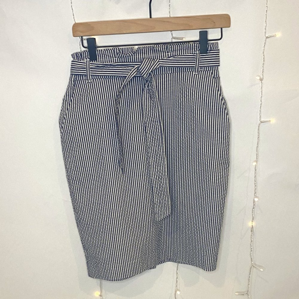 ANN TAYLOR Belted Navy Blue & White Striped A Line Skirt